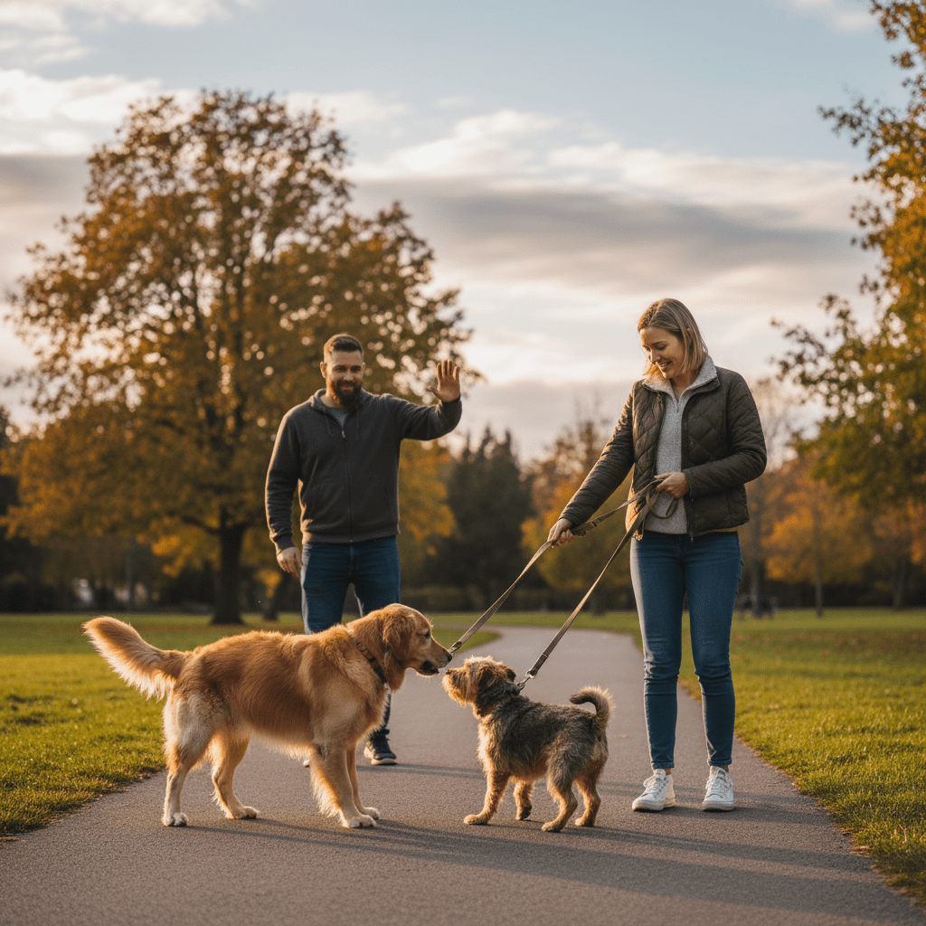 Sniffing Butts: The Awkward Dog Greeting Explained 6 A dog owner redirecting their dog after a brief on-leash greeting